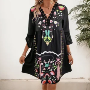 High Street Print Dresses Summer Vintage V-neck Hooked Flower Hollow Lace Panel V-neck Flare Sleeve Loose Dresses For Women