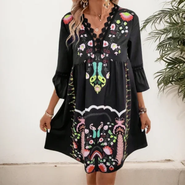 High Street Print Dresses Summer Vintage V-neck Hooked Flower Hollow Lace Panel V-neck Flare Sleeve Loose Dresses For Women