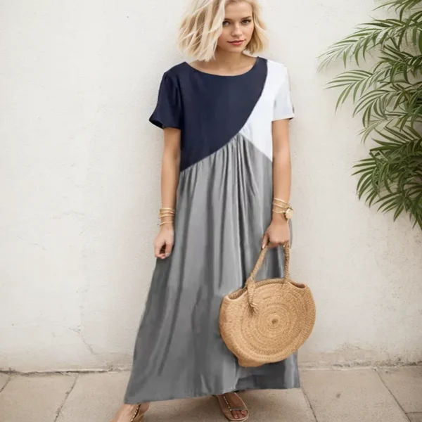 Fashion New Geometry Patchwork Women Dress Round Neck Daily Short Sleeve Long Dress Summer Causal Loose Higt Waist Beach Dress - Image 5