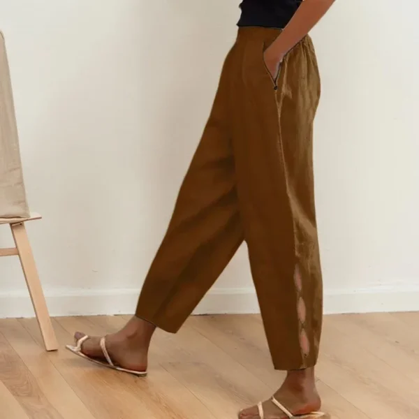 Elegant Solid Color Pants Office Commute Lady Cotton And Linen Pocket Button Decorate Trouser Legs Hollow Elastic Waist Trousers - Image 4
