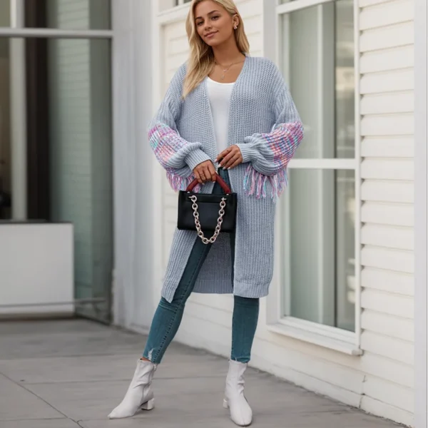 Fashion Mid-calf Length Coat Elegant V-neck Long Sleeve Multicolor Patchwork Tassel Weater Casual Loose Knit Cardigan for Autumn - Image 4