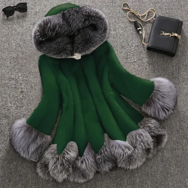 Autumn Winter Fur Women's Jacket Coat High Street Solid Color Imitation Fur Splicing Long Sleeve Belt One Button Hooded Jacket - Image 2