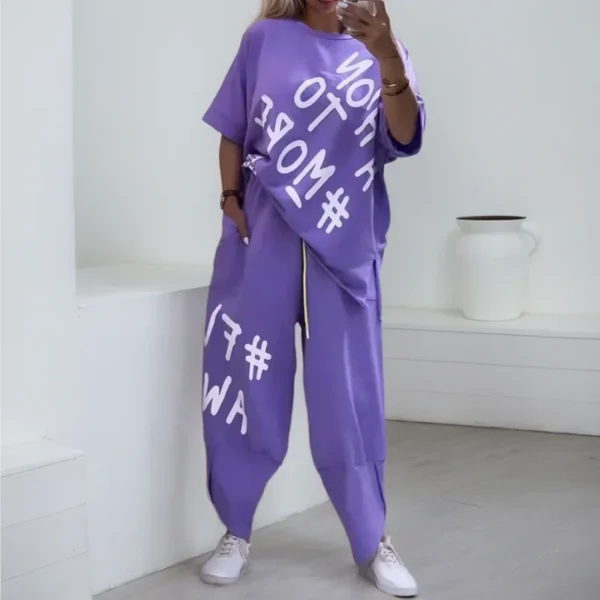 Comfortable Women Outfit Two-piece Suit Summer New Fashion Women's Print O-neck Short Sleeve T-shirt Waist Ties Harem Pants Set - Image 3