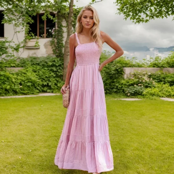 Korean Simple Long Dress High Street Square Collar Sleeveless Backless Stripe Splicing Zipper High Waist A-line Dress For Women - Image 3
