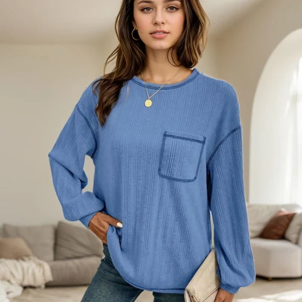T-Shirt For Women Clothing Casual Solid Color Patchwork Pocket Round Neck Long Sleeved T-shirts Fashion Lady Knitwears Blouses - Image 2