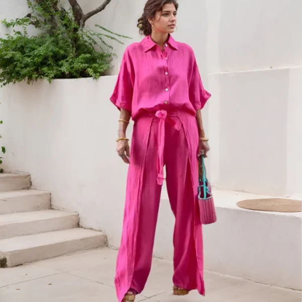 Loose Fit Solid Color Shirt Pants Two Piece Set Fashion New Casual Three-quarter Sleeves Irregular Pants Cotton and Hemp Suits - Image 2