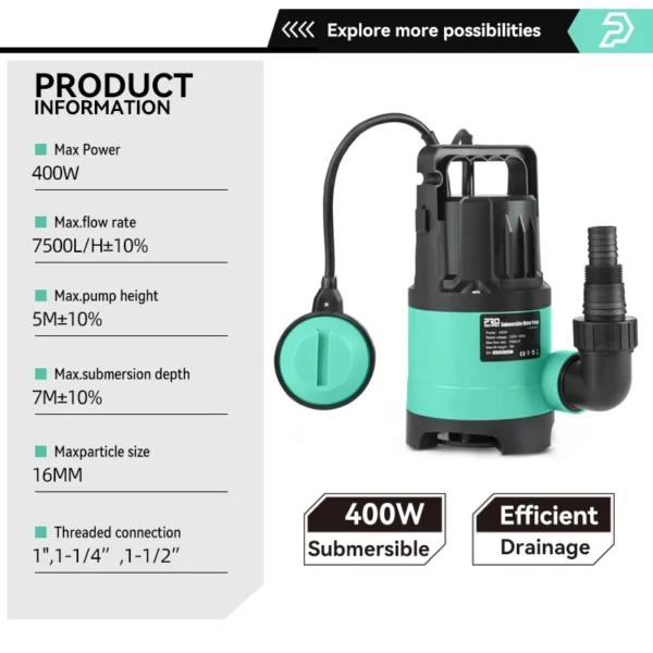 400W Submersible Water Pump 7500L/H Utility Thermoplastic Electric Portable Transfer Pool Pond Draining Sump Pump by PROSTORMER - Image 3