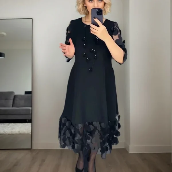 Retro Black Dotted Mesh Patchwork Long Dress For Women Korean Fashion Round Neck Half Sleeve Solid Color A-Line Pullover Dresses - Image 2