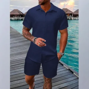2025 new European and American summer jacquart solid color suit short-sleeved men holiday casual shirt shorts two-piece set