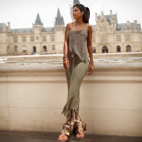 Summer Knit Long Skirt Two Pieces Set Fasion Camisole Blouse Tassel Skirts Women Sexy See Through Summer Mesh Beach Dress Suits - Image 2