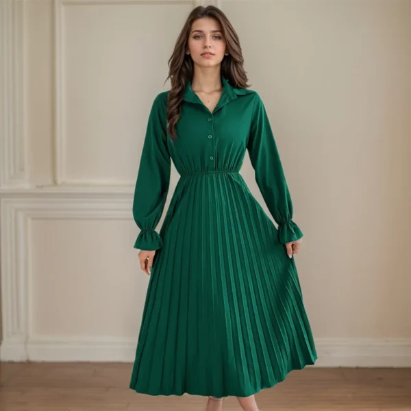 Spring Summer Long Dresses For Women Casual Solid Color Polo Collar Single-breasted Long Sleeved Waist Pleated A-LINE Dress - Image 5