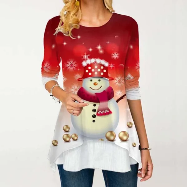 Christmas Elk Print Women T-Shirt Festival Style Solid Long Sleeve Higt Waist Slim Top Causal Slim O-Neck Elegant Fashion Shirt - Image 3