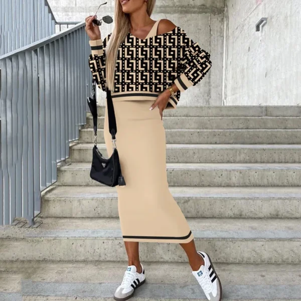 Two Piece Sets Women Printing V-Neck Sleeveless Bodycon Slim Dress & Batwing Long Sleeve Top Dress Suits Elegant Casual Female - Image 4