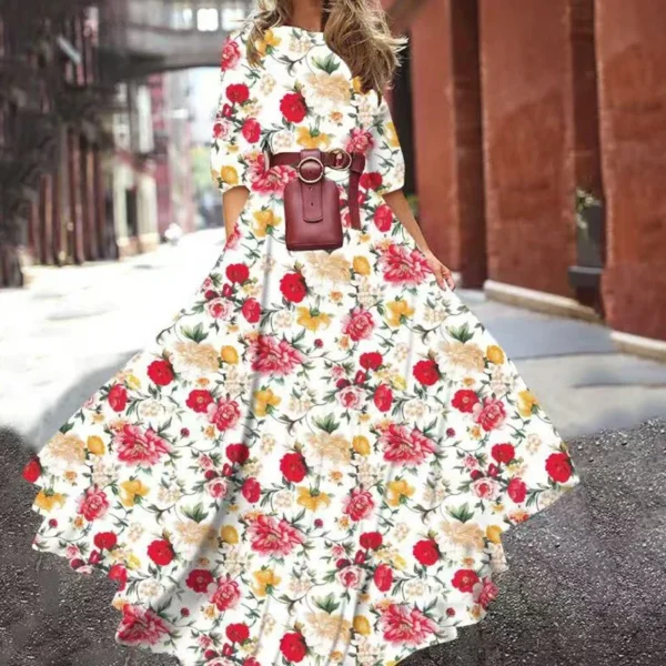 Fashion Trend Slim-fitting Printed Dresses High Street Round Collar Zipper Floral Print A-line Silhouette High Waist Dresss - Image 2