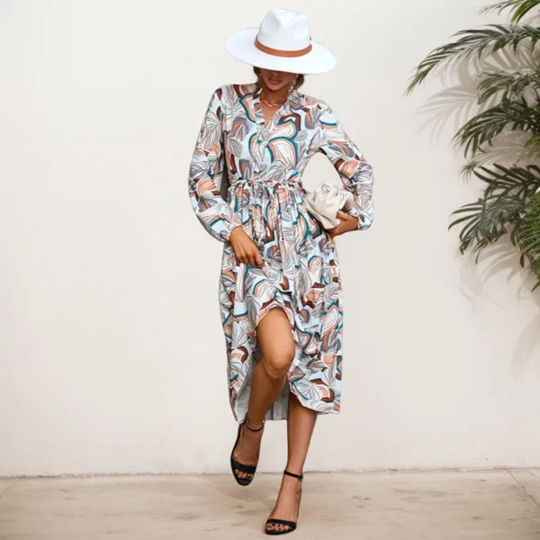 Beach Vacation Dress Women's Autumn New Casual Loose Leaf Printed Lace Up Waist Mid Length Long Sleeve Shirt Collar Dresses - Image 5