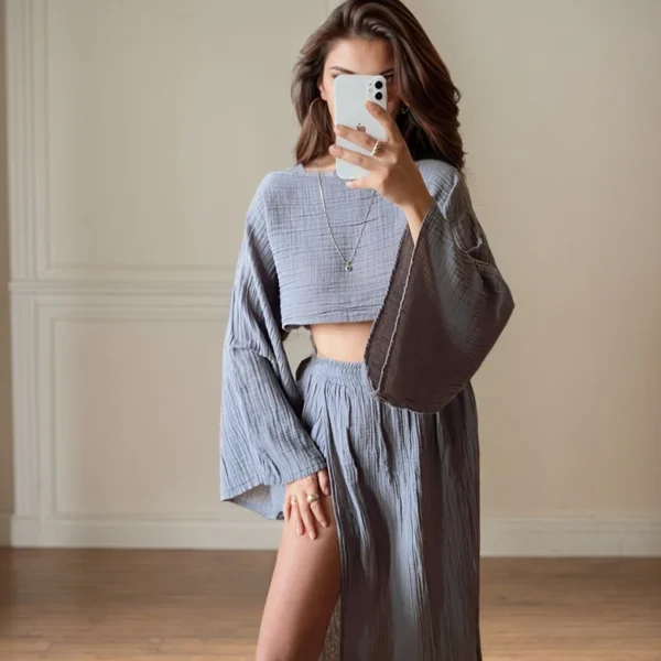 Bohemian Beach VacationTwo Piece Sets Summer New Elegant Cotton And Linen Round Neck Short Top And Split Long Dresses Suits - Image 5