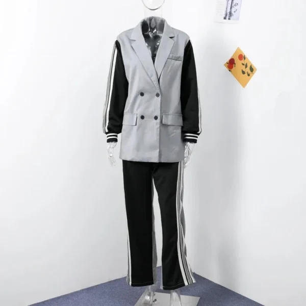 Korean Style Striped Contrast Color Blazer Pant Suits High Street Long Sleeved Patchwork Double Breasted Coat Pant Two-piece Set - Image 4