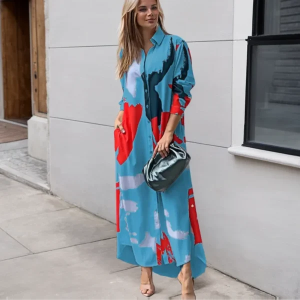 Summer New Womenes Turn-Down Collar Commuter Shirt Dresses Fashion Casual Single-Breasted Button Print Pocket Loose Dresses - Image 4