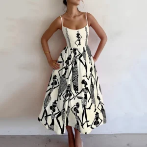Bohemia Print Sling Long Dresses Y2K High Street Low Collar Sleeveless Spaghetti Strap Beach Casual A-Line Dresses For Women