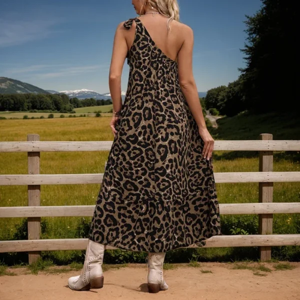 American Retro Long Dress Fashion Trend Sleeveless One-Shoulder Leace-up Waist Leopard Print Pullover A-Line Dress for Women - Image 5