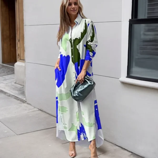 Summer New Womenes Turn-Down Collar Commuter Shirt Dresses Fashion Casual Single-Breasted Button Print Pocket Loose Dresses - Image 6