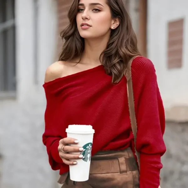 Sexy Off Shoulder Tops For Women Spring Autumn Loose Casual Solid Color Knitted Slash Neck Ribbed Dolman Sleeve Pullovers Blouse