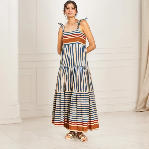Summer Beach Style Long A-Line Dress Casual Sleeveless Print Stripe Contrast Color Square Leader Lace Up Sling Dresses For Women - Image 4