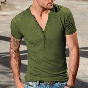 2024 summer new short-sleeved fashionable men's T-shirt Henry fashion men's crew-neck button decoration top slim body