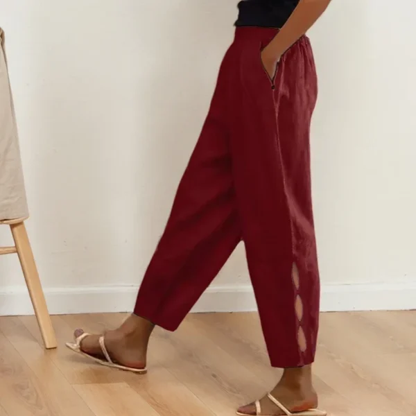 Elegant Solid Color Pants Office Commute Lady Cotton And Linen Pocket Button Decorate Trouser Legs Hollow Elastic Waist Trousers - Image 3