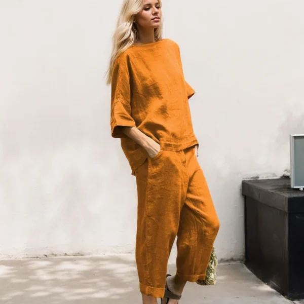 Casual Sport Clothes Two Piece Set For Women Fashion Cotton Linen Rround Neck Quarter Sleeves Pullover Tops Long Pants Suits - Image 4