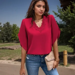 Fashion V Neck Short Sleeve Shirt Office Lady Pullover T-shirts Spring Summer Casual Loose Solid Color Lace Blouses For Women