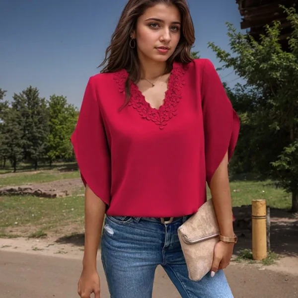 Fashion V Neck Short Sleeve Shirt Office Lady Pullover T-shirts Spring Summer Casual Loose Solid Color Lace Blouses For Women