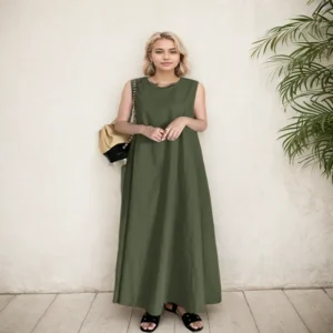 Women's Dress Casual Loose Comfor Cotton Linen Solid Color O-Neck Sleeve Long Dress Fashion Elegant Office Holiday Dress Female