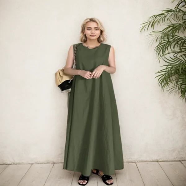 Women's Dress Casual Loose Comfor Cotton Linen Solid Color O-Neck Sleeve Long Dress Fashion Elegant Office Holiday Dress Female