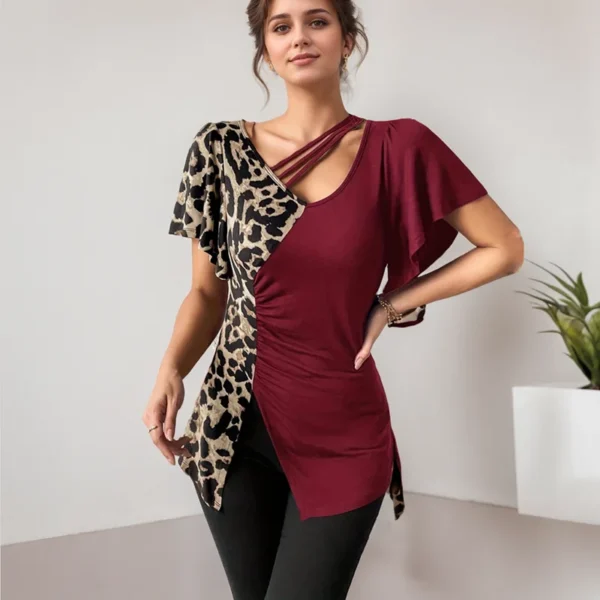 V-Neck T-Shirt For Women Summer New Irregular Stitching Pleats Waist Short Sleeve Top Fashion Streetwear Leopard 3D Print Blouse - Image 5