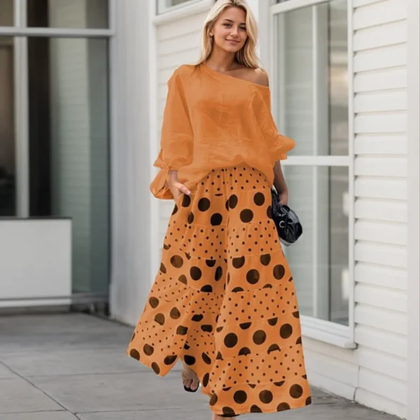 Casual Party Suit Female Summer Loose Polka Dot Printed Women Suits Fashion Slant Neck One Shoulder Bow Cuff Top Pants Sets - Image 2