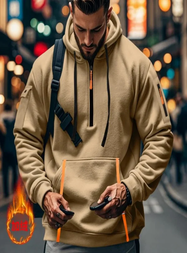 Autumn and winter hot new fashion plus velvet hoodie arm zipper pocket casual sports high quality men's pullover top