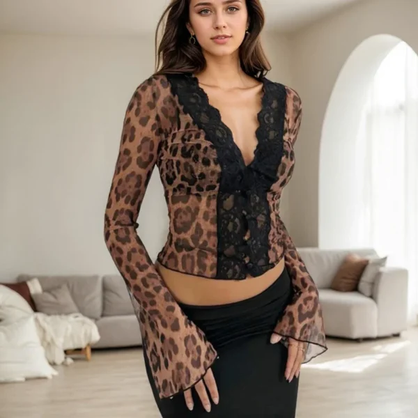 High Street Deep V-neck Long Sleeve Tops Sexy Leopard Print Deep V-Lace T-shirt Flare Sleeves Ruffled Slim Temperament T-Shirts - Image 4