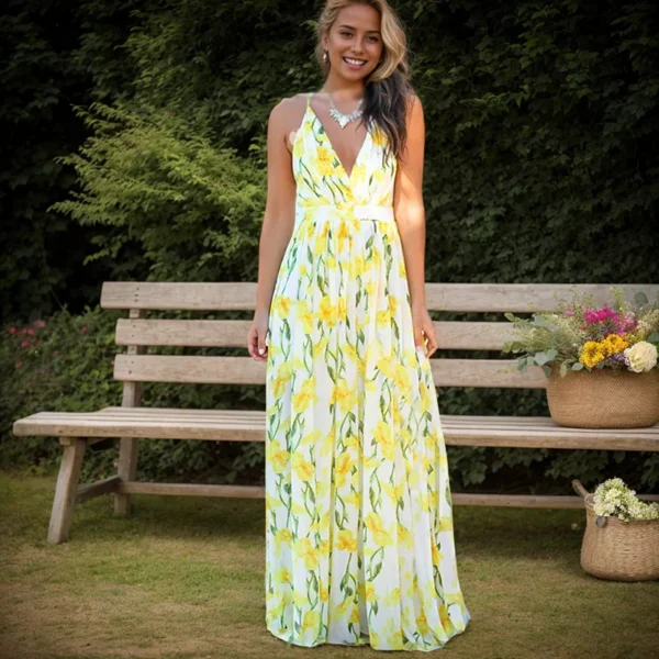 Summer Beach Sundress Women Fashion Sleeveless Sling V-Neck Print Floral Higt Waist Long Dress Temperament Elegant Dress Vestido - Image 2