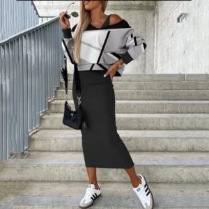 Two Piece Sets Women Printing V-Neck Sleeveless Bodycon Slim Dress & Batwing Long Sleeve Top Dress Suits Elegant Casual Female