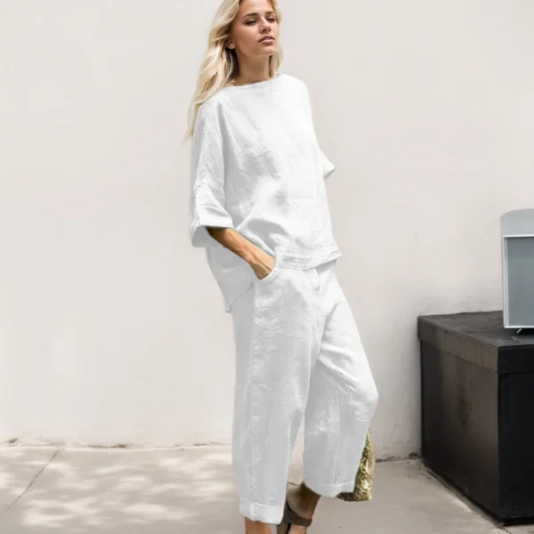 Casual Sport Clothes Two Piece Set For Women Fashion Cotton Linen Rround Neck Quarter Sleeves Pullover Tops Long Pants Suits - Image 3