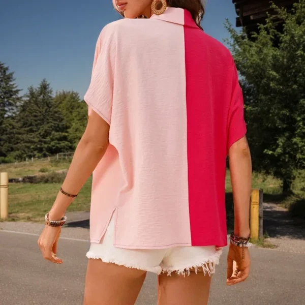 Beach Vacation Casual Blouses Elegant Contrast Color Patchwork Turn Down Collar Single-breasted Short Sleeve Shirt For Women - Image 2