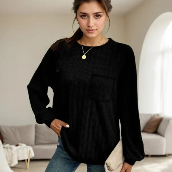 T-Shirt For Women Clothing Casual Solid Color Patchwork Pocket Round Neck Long Sleeved T-shirts Fashion Lady Knitwears Blouses - Image 5