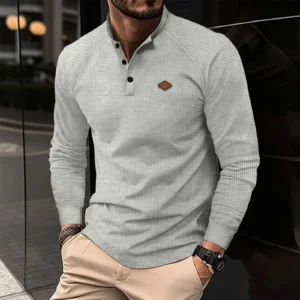 Cross-border Europe and America 2025 new Waffle spring sports men's POLO shirt lapel solid color long-sleeved golf fitness top
