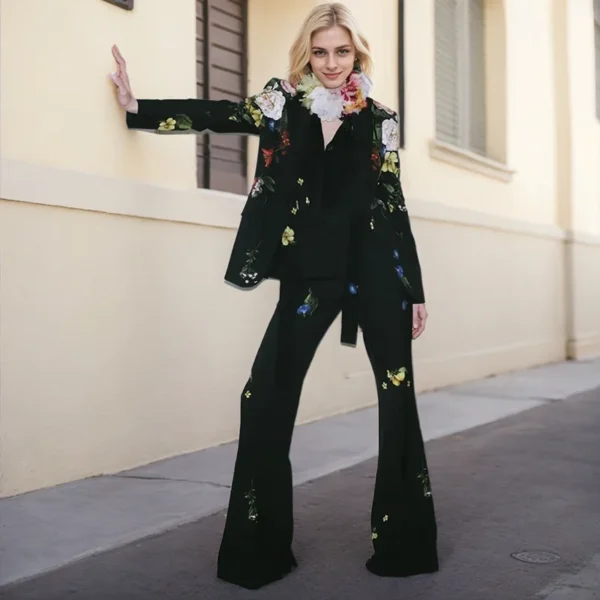 Elegant Temperament Ladies' Suit Autumn Flower Printed Single Button Blazer Coat High Waist Long Flare Pants Two Pieces Sets - Image 6