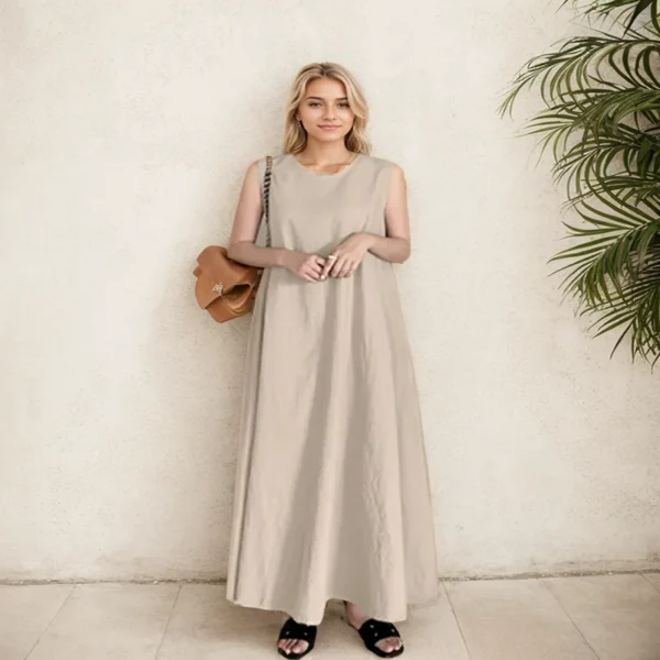 Women's Dress Casual Loose Comfor Cotton Linen Solid Color O-Neck Sleeve Long Dress Fashion Elegant Office Holiday Dress Female - Image 2