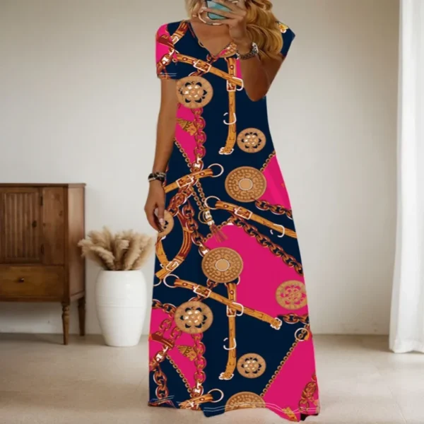 Streetwear Trendy Irregular Print Dress High Street V Neck Patchwork Leopard Print Short-sleeved Pullover Slim Fit Long Dresses