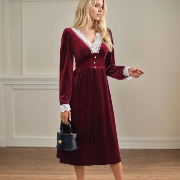 Red Christmas Women's Long Dress Elegant Lace Patchwork Contrasting V-Neck Button Decoration Long Sleeved High Waisted Dresses - Image 3