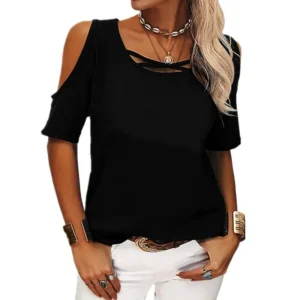 Fashion Commuter Solid Color T-Shirts Elegant Irregular Cross Bandage Hollow Out Off Shoulder Round Neck T-Shirts For Women
