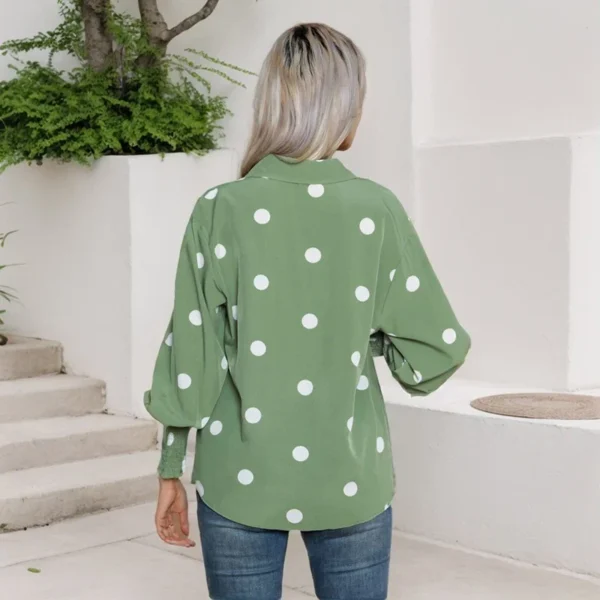 Korean Simple Light Green T-Shirts Fashion Elegant Ladies Office Turn Down Collar Lantern Sleeve Button Women Clothes Blouses - Image 5